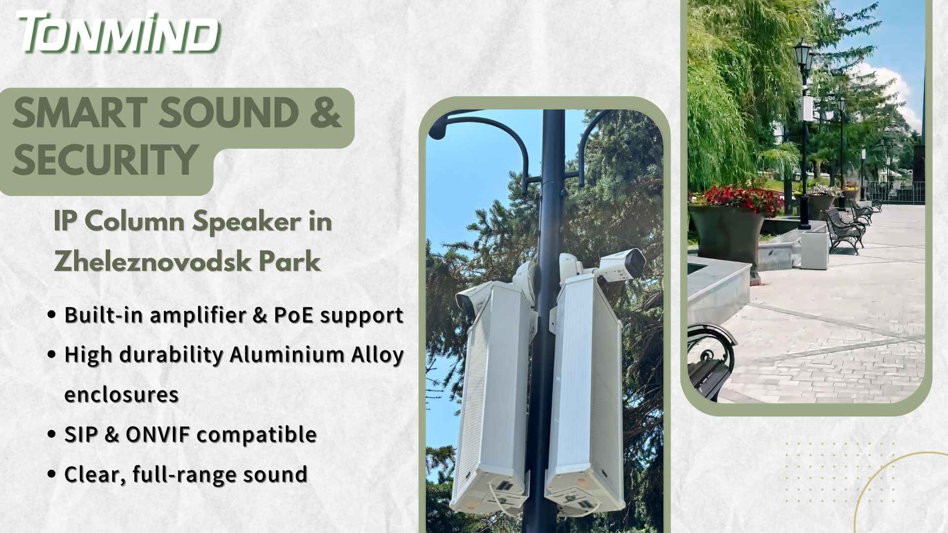 Sonido y seguridad inteligentes: altavoz de columna IP Tonmind en el parque Zheleznovodsk